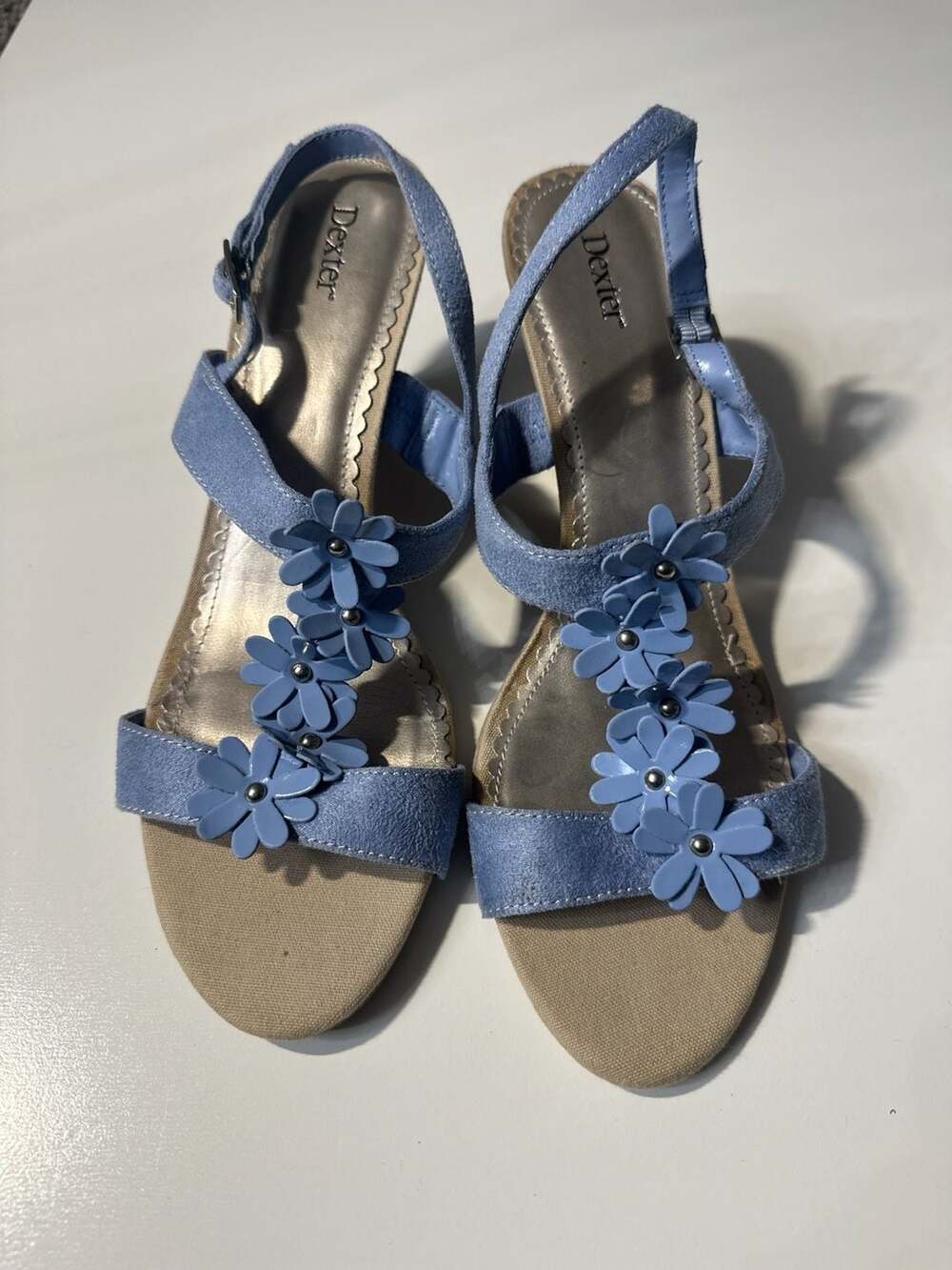Dexter Women's Blue Floral T-Strap Wedge Sandals Size 9.5